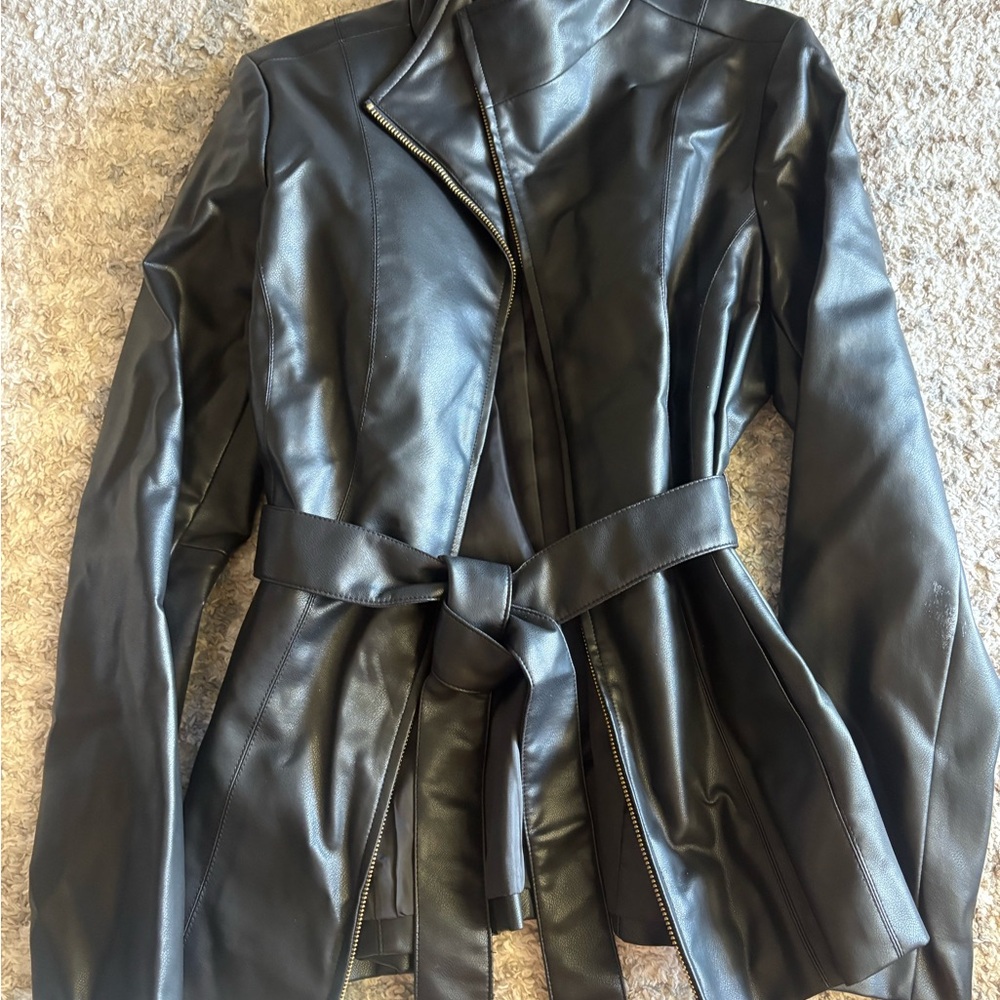 Cole Haan Women's Black Leather Belted Jacket